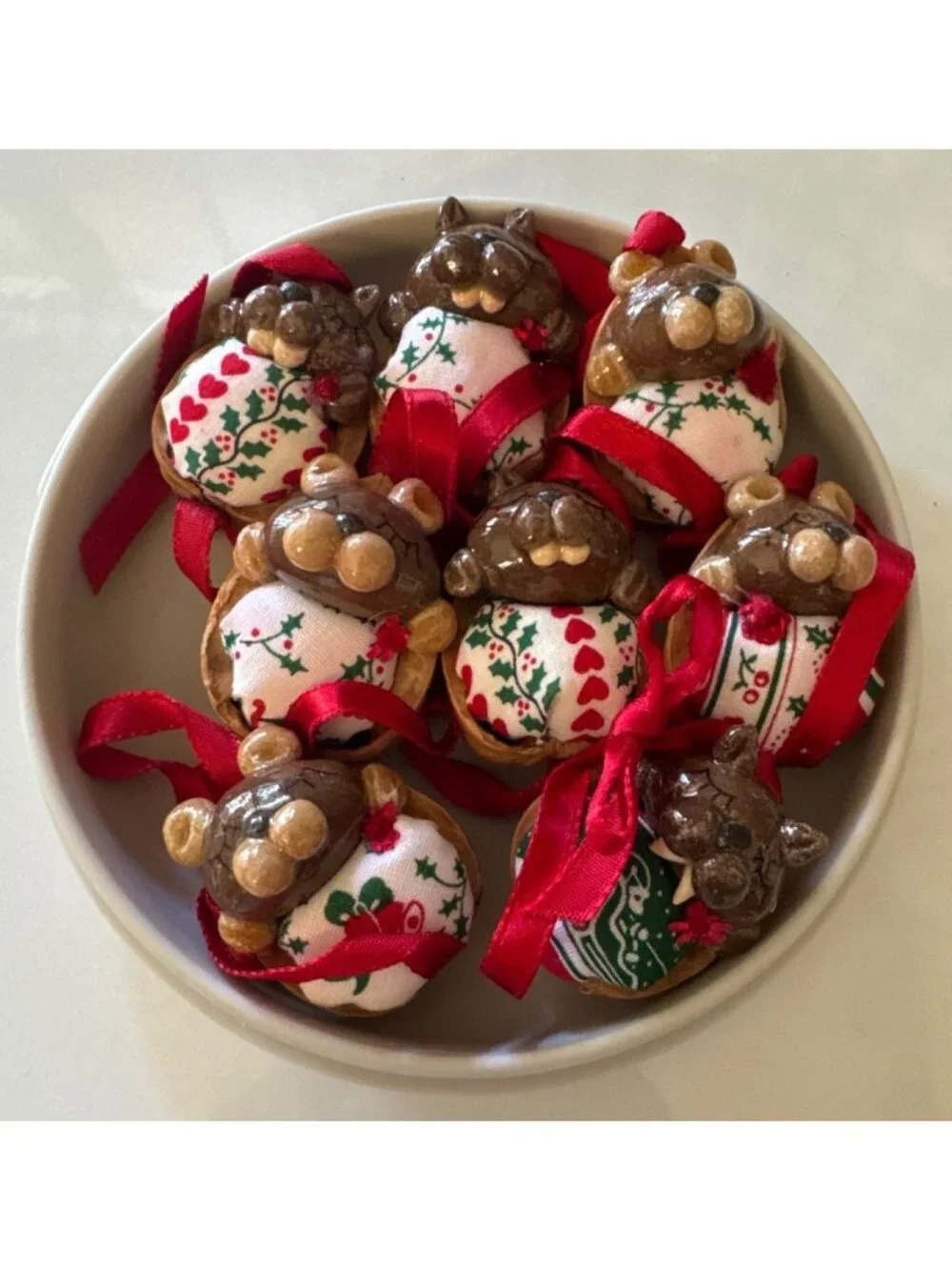 Handmade Christmas Bear Ornaments In Walnut Shells With Red Ribbons -‎ Set Of 8